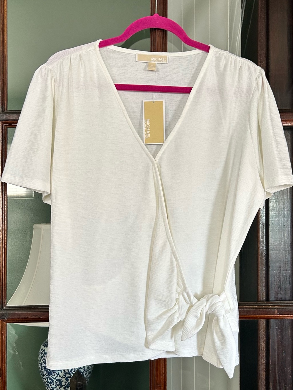 Michael Kors Cream V-Neck Short Sleeve Tie-Waist Top